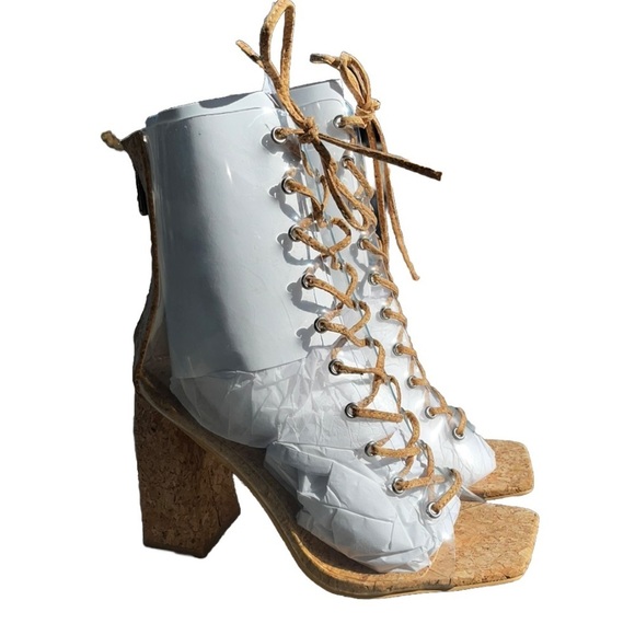 CAPE ROBBIN Dressy CLEAR Cork Square Peep Toe Ankle Block Lace Up BOOTIE Sz 6.5 - Picture 6 of 12